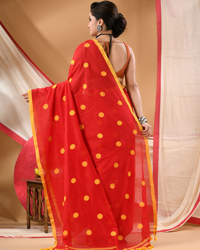 Women cotton handloom mulmul cotton sarees mul cotton sarees for women latest, Nazakat design batik print bandhani malmal linen office daily, party, wear sarees for women (Red Yellow)