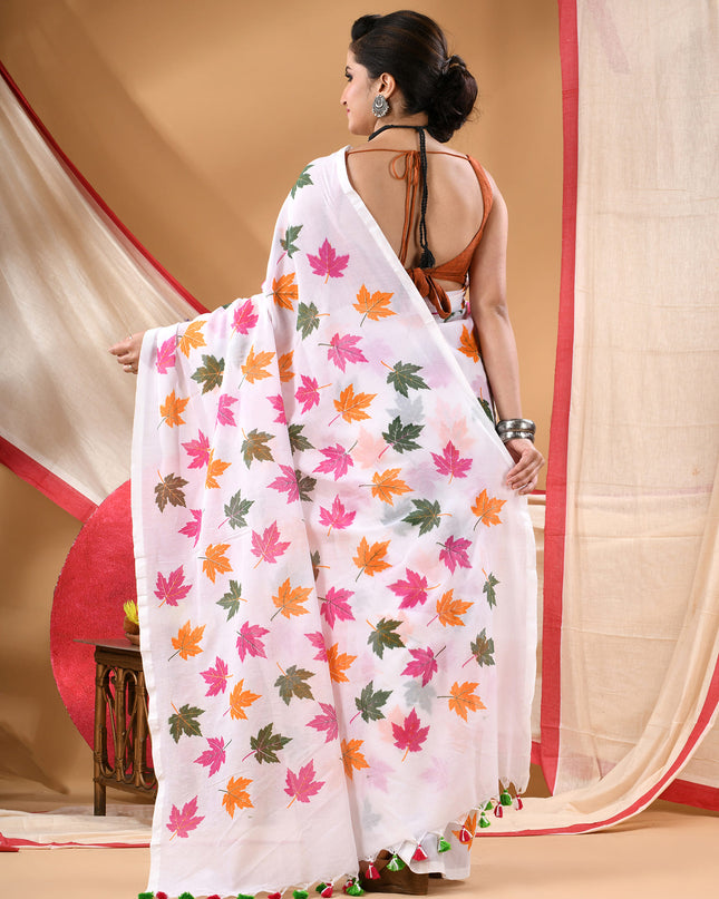 Women cotton handloom mulmul cotton sarees mul cotton sarees for women latest, Patta e Ishq design batik print bandhani malmal linen office daily, party, wear sarees for women (Pink)