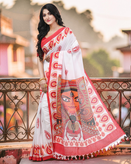 Women`s Bengal Handloom Pure Cotton Saree Dashami Sindur Khela HandPrint Design With Blouse Piece