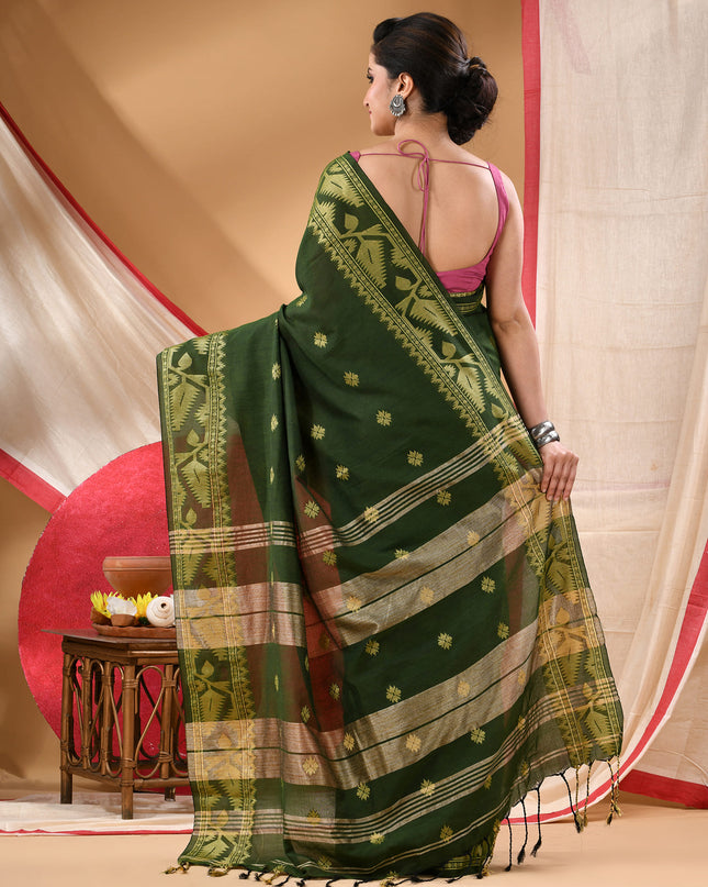 Women cotton silk tant handloom saree mysore party, wear sarees latest, design wedding, ready wear georgette chiffon saree soft silk cotton Taarini design sarees for women (Dark Green)