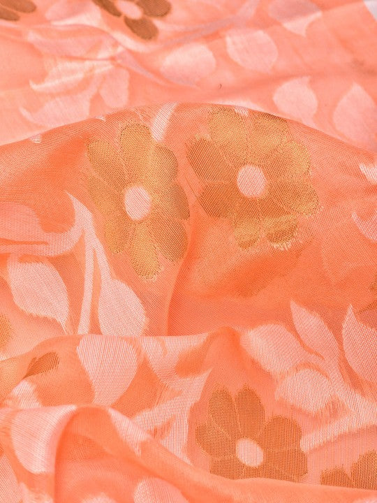 DESH BIDESH Orange White Pure Cotton Jamdani Saree with Woven Floral Design