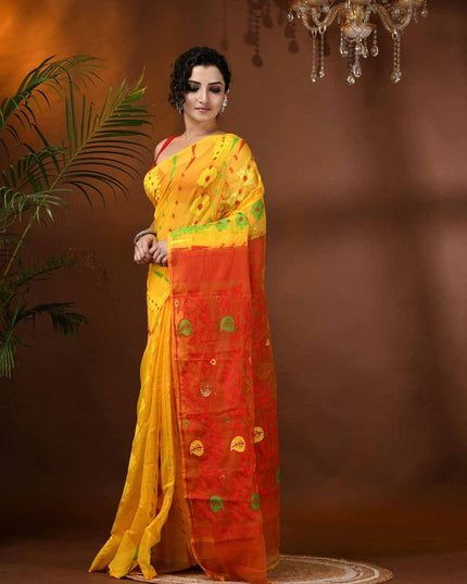 Exquisite Yellow & Red Paisley Woven Design Phulkari Jamdani Saree for Women