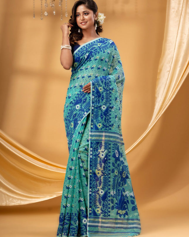 DESH BIDESH Turquoise Blue White Floral Woven Pure Cotton Jamdani Saree