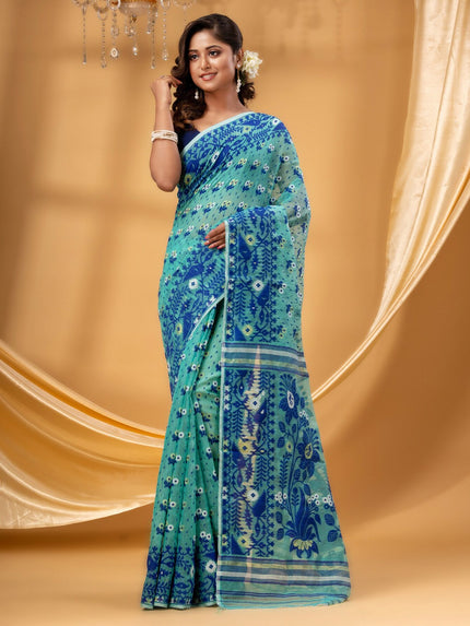 DESH BIDESH Turquoise Blue White Floral Woven Pure Cotton Jamdani Saree