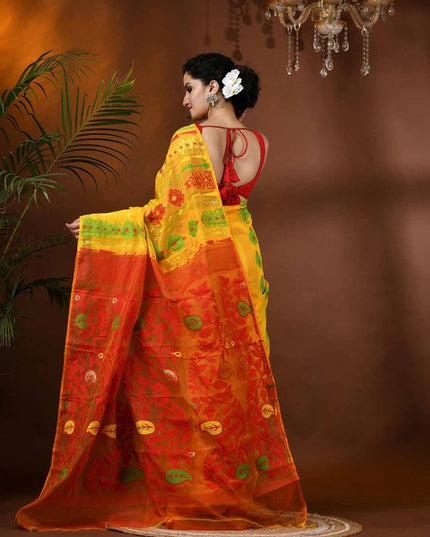 Exquisite Yellow & Red Paisley Woven Design Phulkari Jamdani Saree for Women