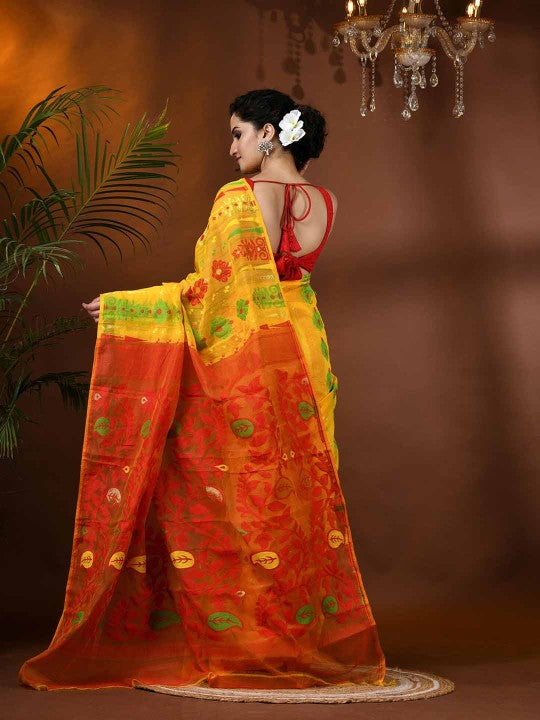Exquisite Yellow & Red Paisley Woven Design Phulkari Jamdani Saree for Women