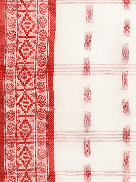 DESH BIDESH Red & White Ethnic Motifs Pure Cotton Taant Saree