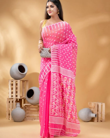 Pink & White Woven Design Pure Cotton Jamdani Saree by DESH BIDESH