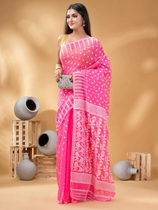 Pink & White Woven Design Pure Cotton Jamdani Saree by DESH BIDESH