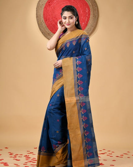 Exquisite Pure Handloom Cotton Taant Saree with Elegant Ethnic Motifs