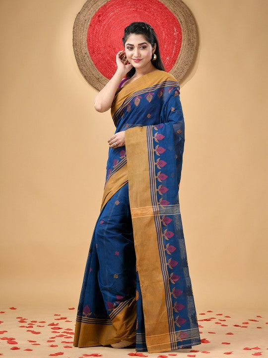 Exquisite Pure Handloom Cotton Taant Saree with Elegant Ethnic Motifs