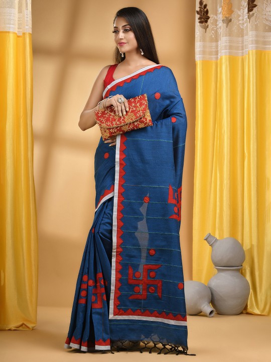 DESH BIDESH Striped Swastik Designed Pure Cotton Traditional Taant Saree