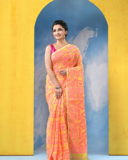 Yellow & Pink Woven Design Jamdani Saree with Solid Border