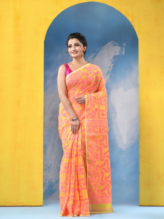 Yellow & Pink Woven Design Jamdani Saree with Solid Border