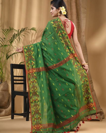 DESH BIDESH Green & Red Woven Design Silk Cotton Taant Saree for Women
