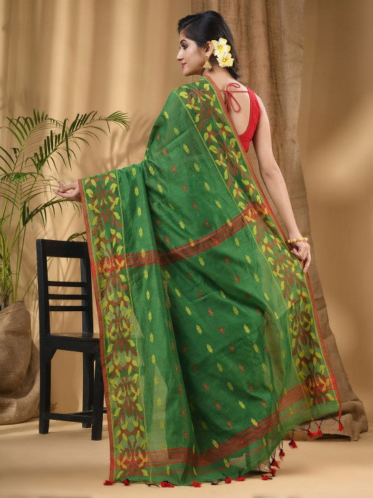 DESH BIDESH Green & Red Woven Design Silk Cotton Taant Saree for Women