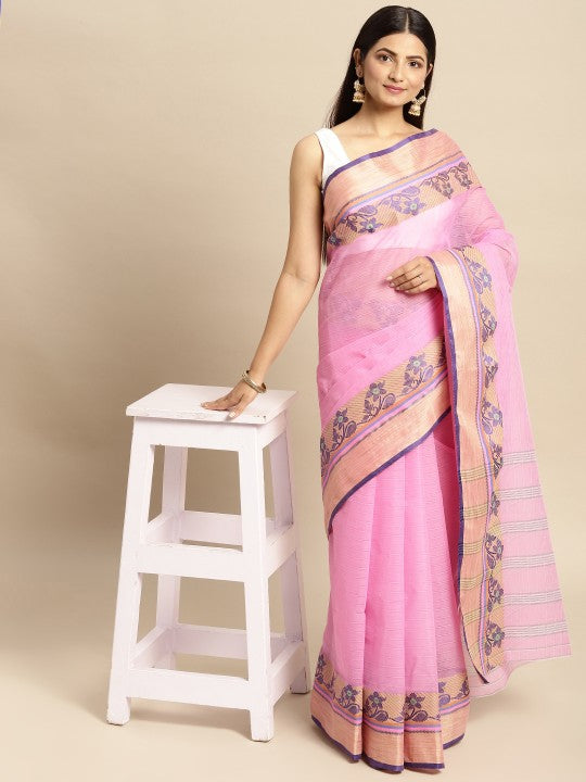 DESH BIDESH Pink Ethnic Motifs Pure Cotton Taant Saree