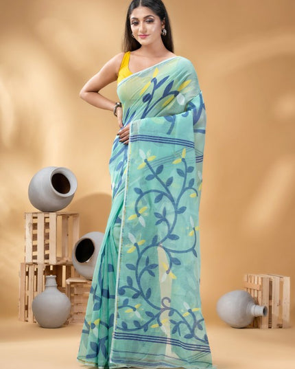 DESH BIDESH Turquoise Blue & Yellow Woven Design Linen Blend Jamdani Saree