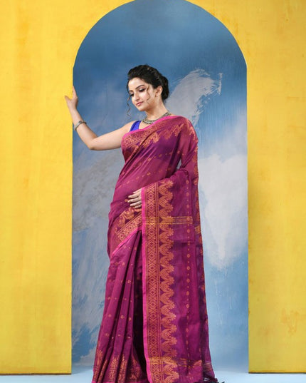 Exquisite Pink & Gold Woven Zari Pure Cotton Blend Saree with Intricate Floral Design