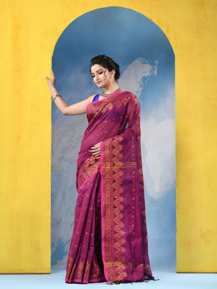 Exquisite Pink & Gold Woven Zari Pure Cotton Blend Saree with Intricate Floral Design