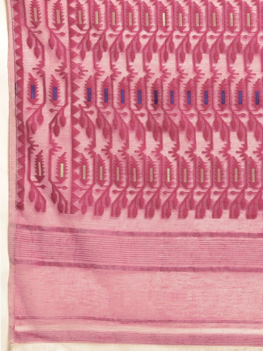 DESH BIDESH Cream Coloured & Magenta Woven Design Pure Cotton Jamdani Saree