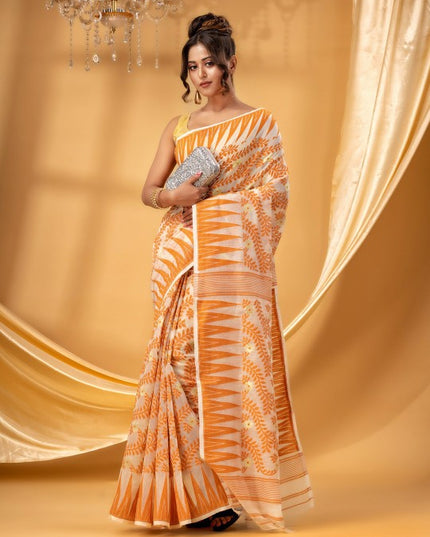 Exquisite Orange White Woven Pure Cotton Jamdani Saree Ethnic Indian Wear