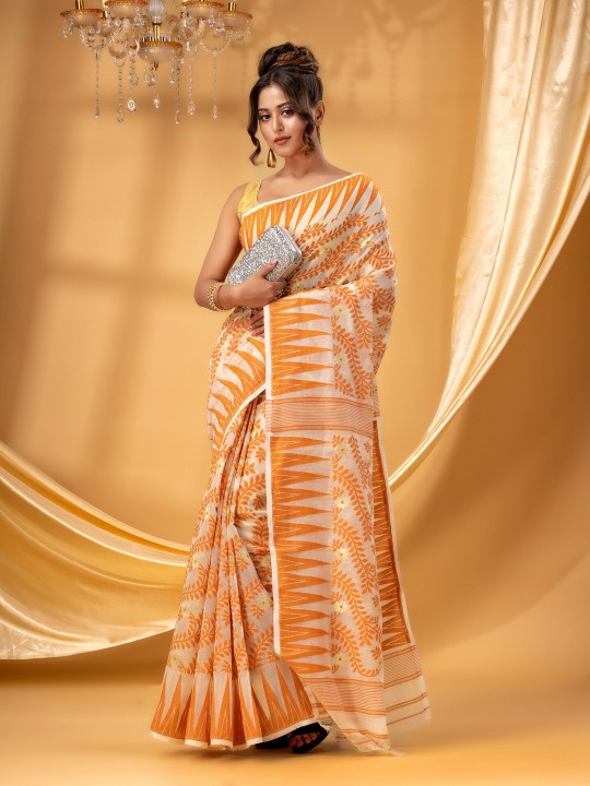 Exquisite Orange White Woven Pure Cotton Jamdani Saree Ethnic Indian Wear