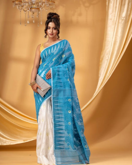 Exquisite Blue White Jamdani Saree: Pure Cotton Floral Woven Design Sari
