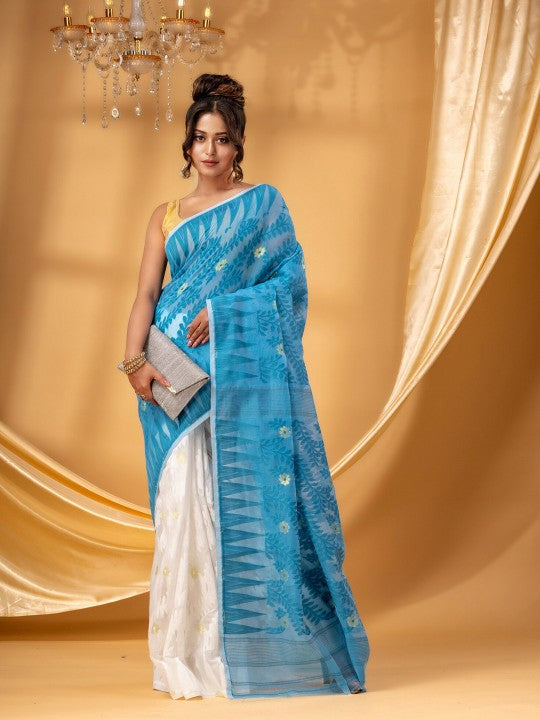 Exquisite Blue White Jamdani Saree: Pure Cotton Floral Woven Design Sari