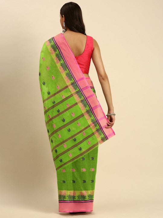 DESH BIDESH Woven Lotus Kolka Design Pure Cotton Bengal Taant Saree