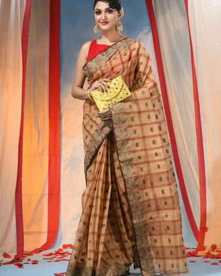 Exquisite Orange Pure Cotton Taant Saree with Ethnic Woven Design Border
