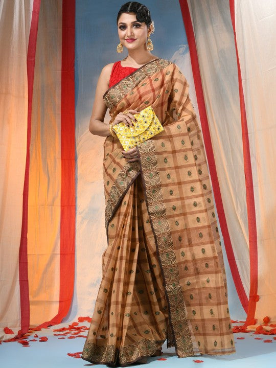 Exquisite Orange Pure Cotton Taant Saree with Ethnic Woven Design Border