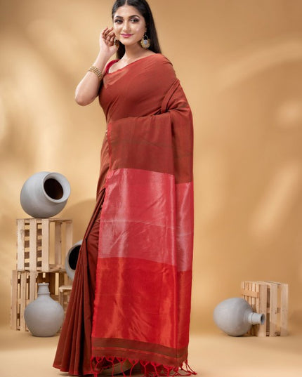 DESH BIDESH Maroon Woven Design Ready-to-Wear Taant Saree for Women