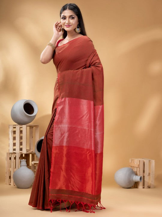 DESH BIDESH Elegant Maroon Woven Design Taant Saree for Women with Solid Border