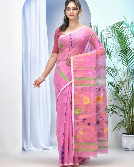 DESH BIDESH Pink & Blue Jamdani Saree with Ethnic Motifs and Woven Design