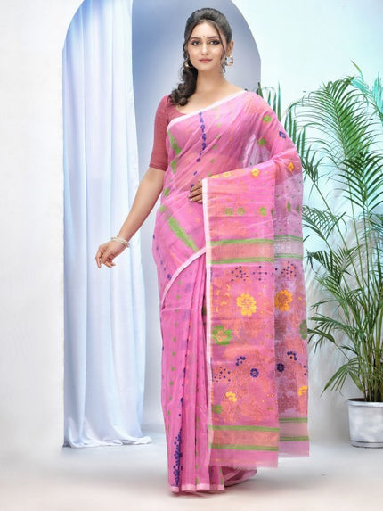 DESH BIDESH Pink & Blue Jamdani Saree with Ethnic Motifs and Woven Design