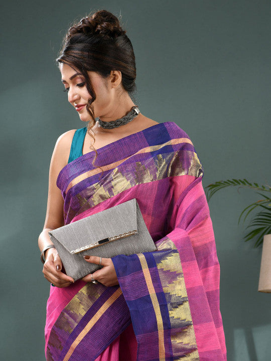 DESH BIDESH Striped Zari Pure Cotton Taant Saree