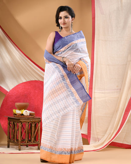Women Tant cotton saree for woman party, wear sarees cotton georgette handloom wedding new chiffon collection sarees for women latest, Chitralekha design (Blue Orange)