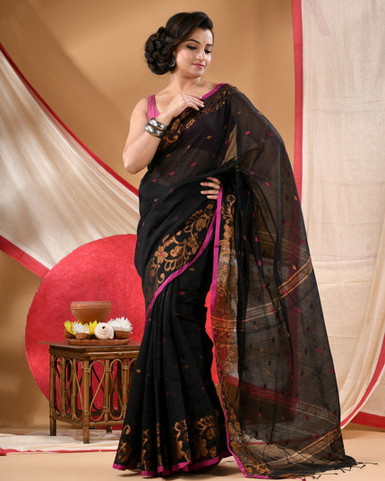 Women cotton silk tant handloom saree mysore party, wear sarees latest, design wedding, banarasi design georgette saree soft silk cotton MidNight Zari sarees for women (Black)