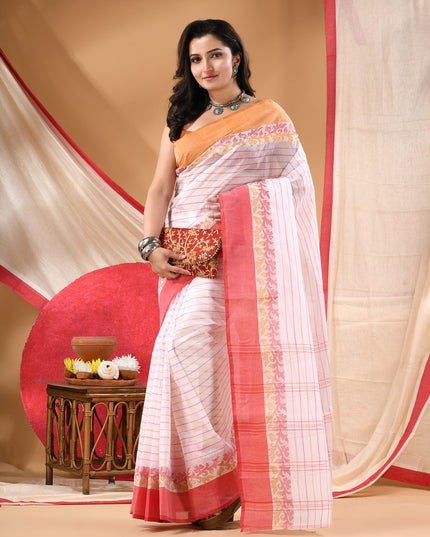 Women Tant cotton saree for woman party, wear sarees cotton georgette handloom wedding new chiffon collection sarees for women latest, Chitralekha design (Red Orange)