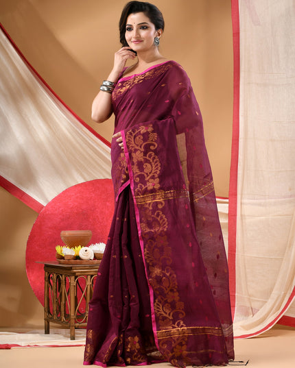 Women cotton silk tant handloom saree mysore party, wear sarees latest, design wedding, banarasi design georgette saree soft silk cotton MidNight Zari sarees for women (Brown)