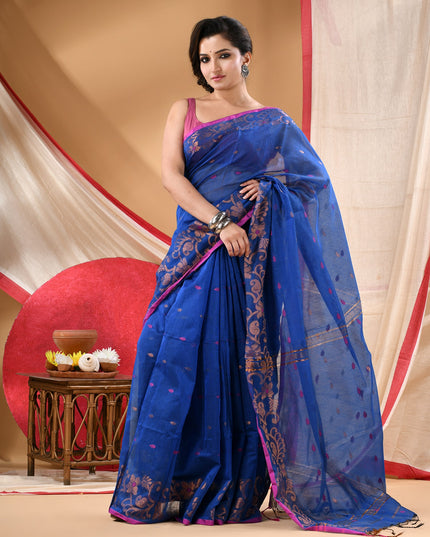 Women cotton silk tant handloom saree mysore party, wear sarees latest, design wedding, banarasi design georgette saree soft silk cotton MidNight Zari sarees for women (Blue)