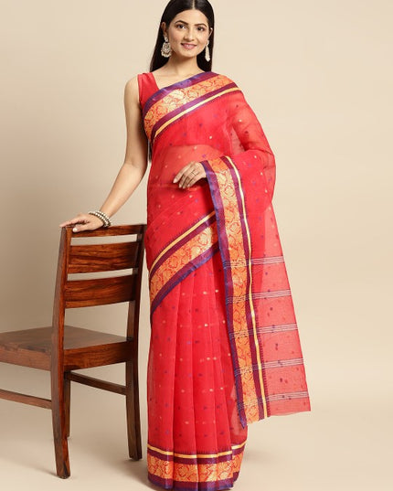 DESH BIDESH Red Ethnic Motifs Pure Cotton Taant Saree