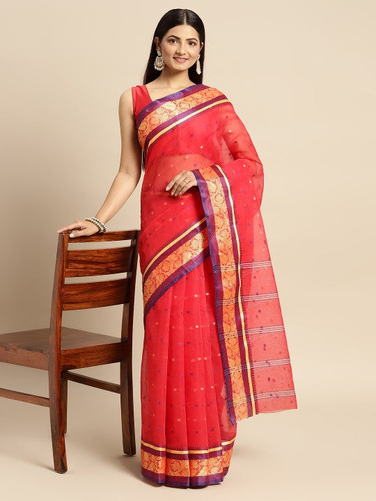 DESH BIDESH Red Ethnic Motifs Pure Cotton Taant Saree