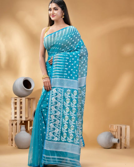 Exquisite Blue & White Pure Cotton Jamdani Saree with Woven Ethnic Motifs