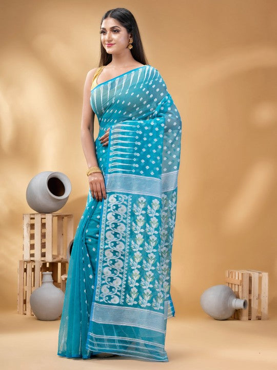 Exquisite Blue & White Pure Cotton Jamdani Saree with Woven Ethnic Motifs