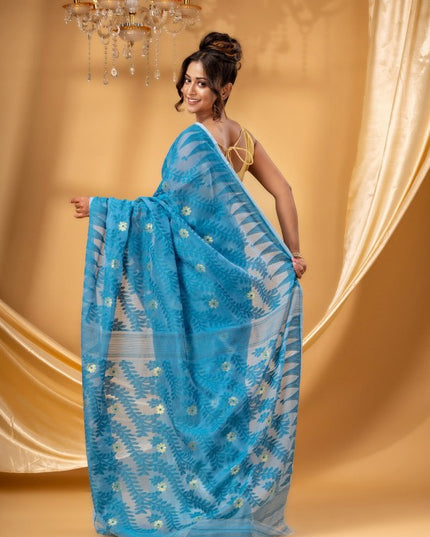 Exquisite Blue White Jamdani Saree: Pure Cotton Floral Woven Design Sari