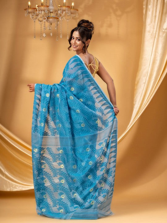 Exquisite Blue White Jamdani Saree: Pure Cotton Floral Woven Design Sari