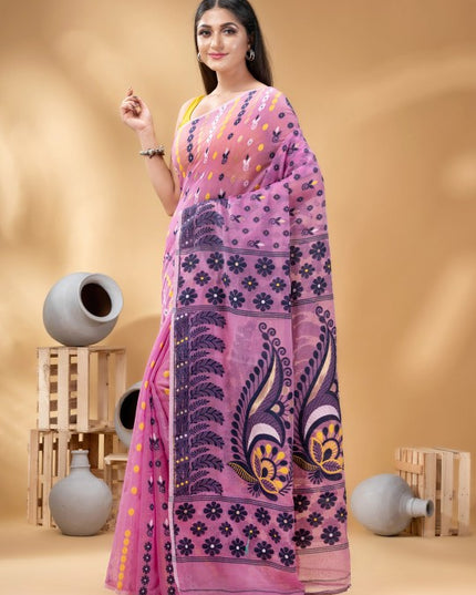 DESH BIDESH Pink & Black Woven Design Pure Cotton Handloom Jamdani Saree