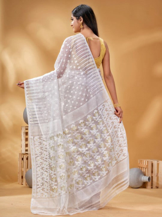 Elegant White Gold-Toned Woven Design Pure Cotton Jamdani Saree for Women